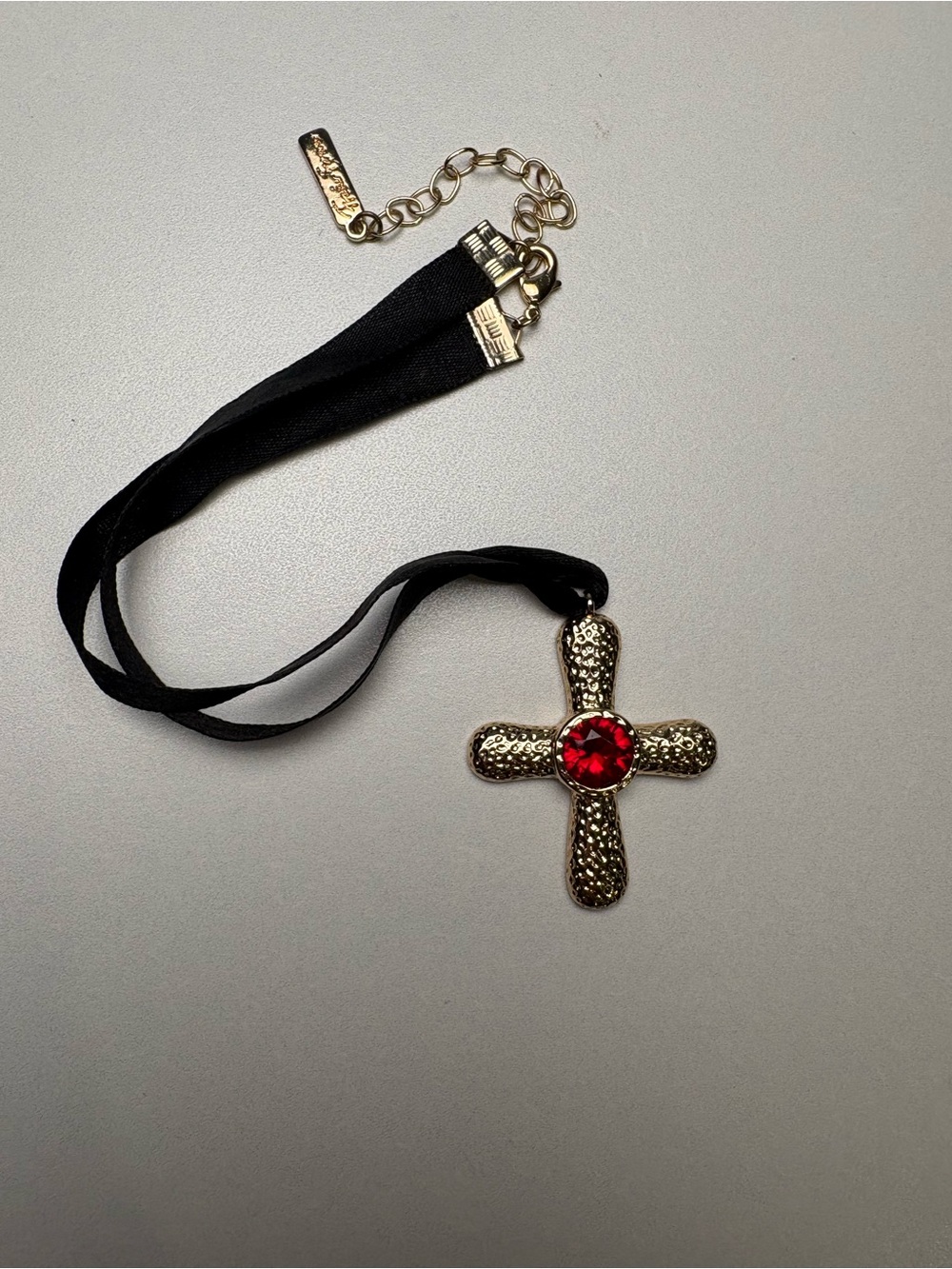 Vintage Gold Tone Cross Pendant Choker Necklace with Red Gem on Black Ribbon